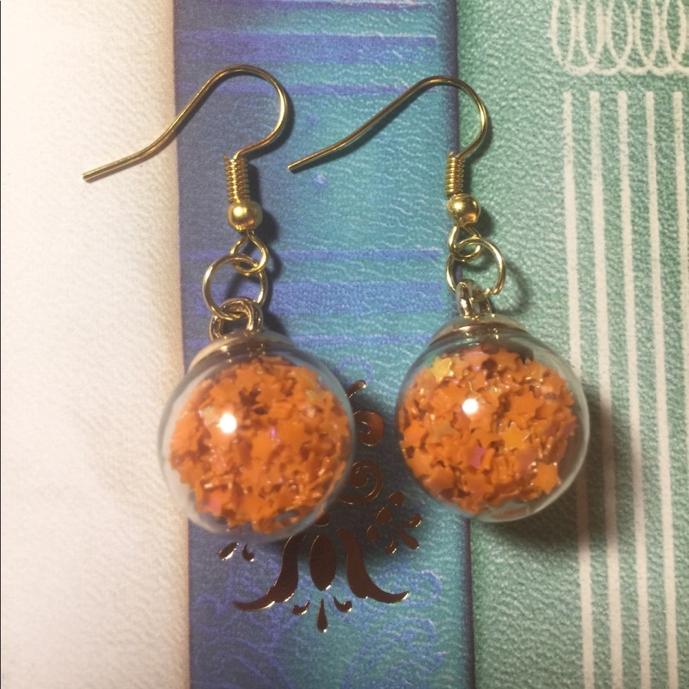 Orange Confetti Filled Globe Earrings
